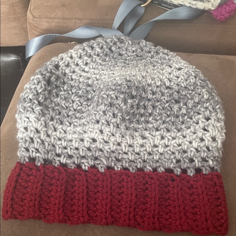 Gray and Red Knit Beanie